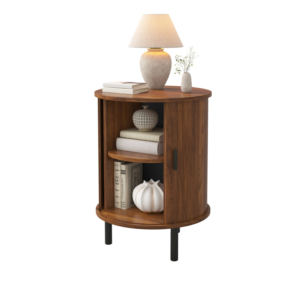 Comodino rotondo 48x48x65 cm con anta scorrevole in MDF e pannello truciolare color noce HOMVRA