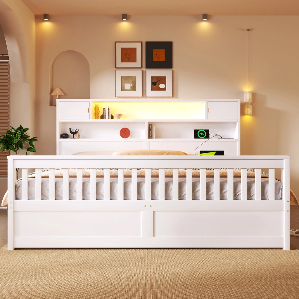 Letto 180x200 cm con testiera libreria, LED regolabile, USB e 4 cassetti in MDF bianco
