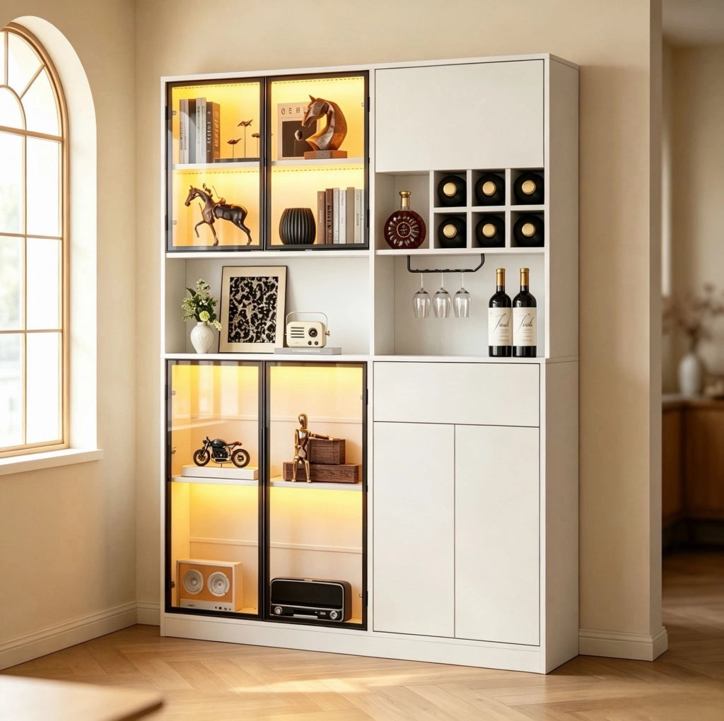 Vetrina bianca in truciolato 140x30x200 cm con 7 porte, 1 cassetto, LED Bluetooth, portabicchieri e 6 portabottiglie