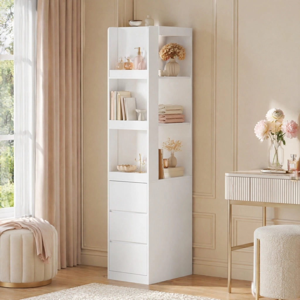 Libreria stretta bianca alta 200 cm con 3 cassetti