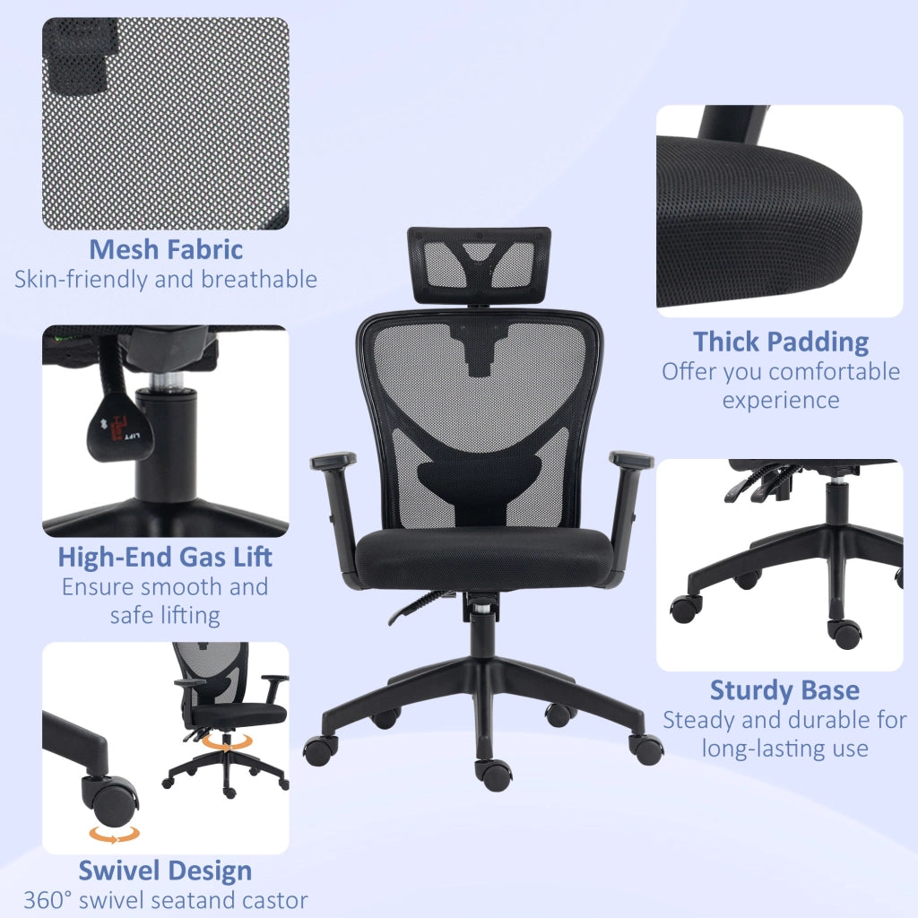 Sedia da Ufficio Ergonomica con Altezza Regolabile Supporto Lombare e Poggiatesta 66x61x106-116 cm  Nero