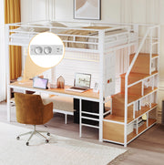 Letto a Castello Alto in Metallo con Scrivania Multifunzionale, LED, Prese Elettriche, Ripiani e Cassetti in Tessuto - Letto Superiore 140x200 cm, Inferiore 90x200 cm, Bianco
