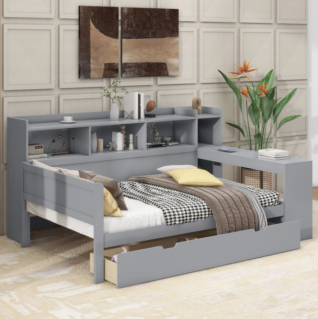 Letto Daybed 90x200 cm con 2 Cassetti, Porta USB e Presa, Scrivania Incorporata, Spagna e MDF, Grigio