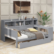 Letto Daybed 90x200 cm con 2 Cassetti, Porta USB e Presa, Scrivania Incorporata, Spagna e MDF, Grigio