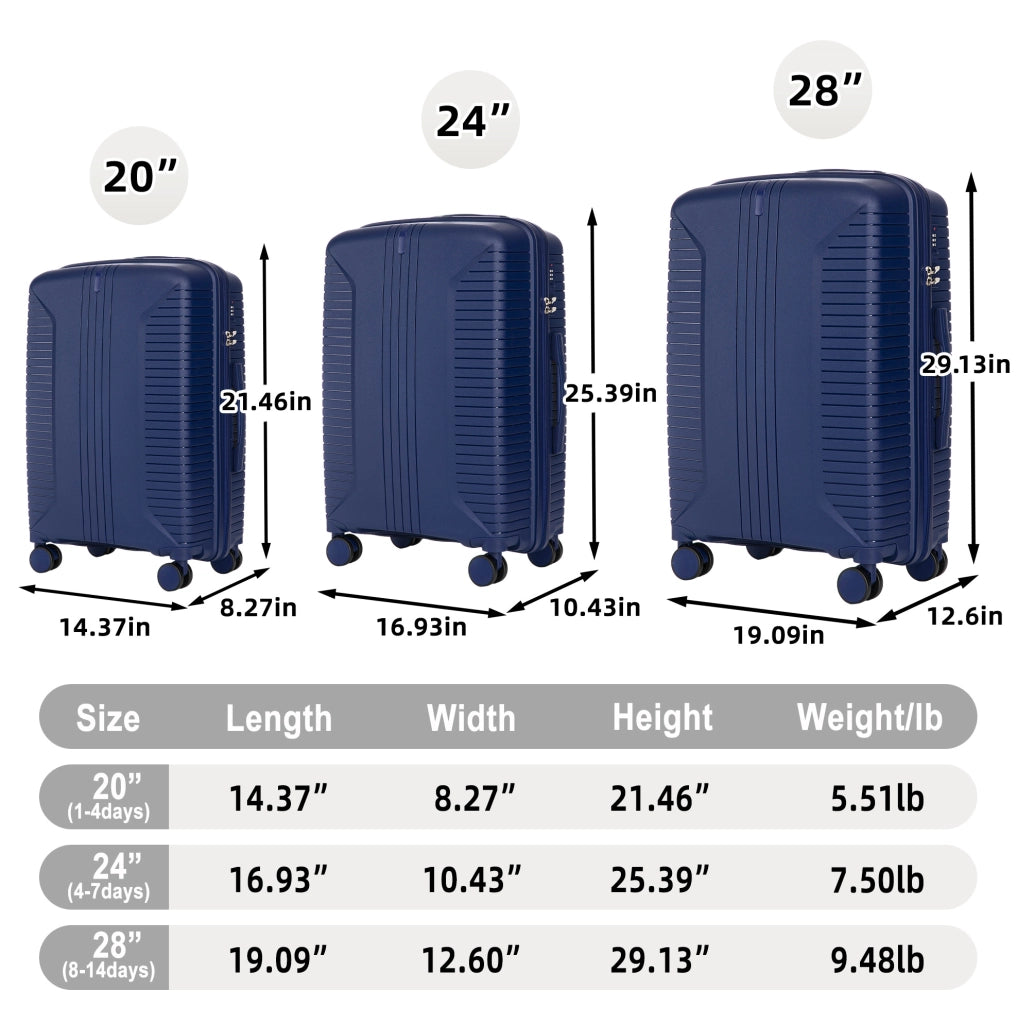 Set 3 valigie blu in polipropilene; ruote spinner 360 e chiusura a combinazione