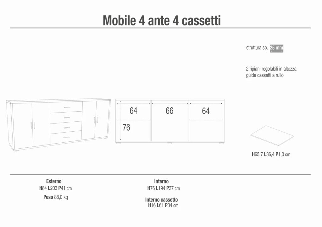 Madia credenza mobile con 4 ante e 4 cassetti 203x41x84H cm in kit di montaggio colore Cemento e Ossido bianco