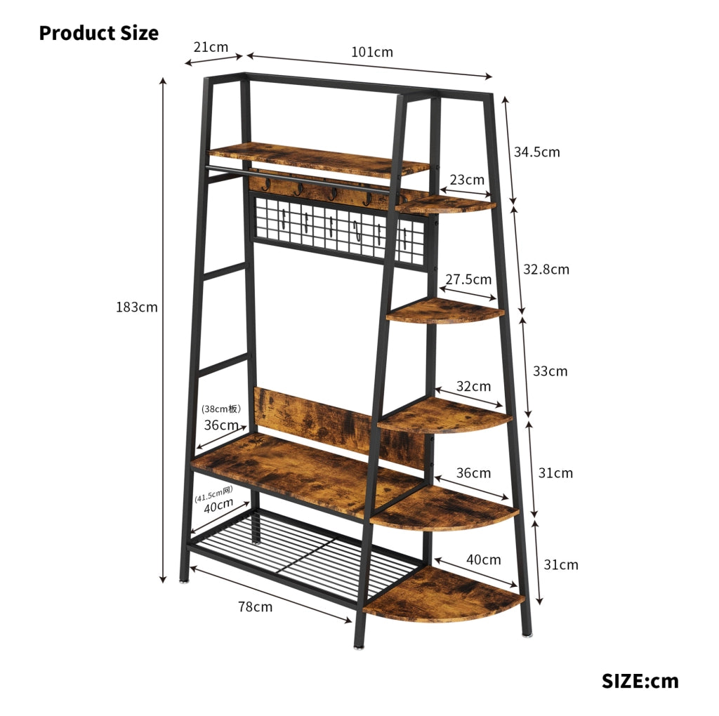 Appendiabiti Industriale Autoportante con Mensole in Legno Marrone Retro - Organizer Multiuso per Abiti e Scarpe