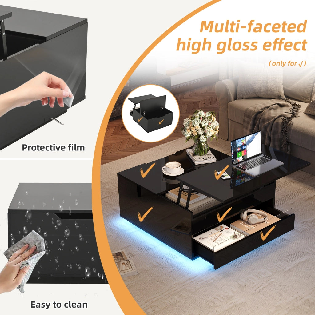 Tavolino da salotto elevabile con LED, cassetto e vano nascosto, finitura lucida nera in truciolare, 70 × 70 × 38 cm