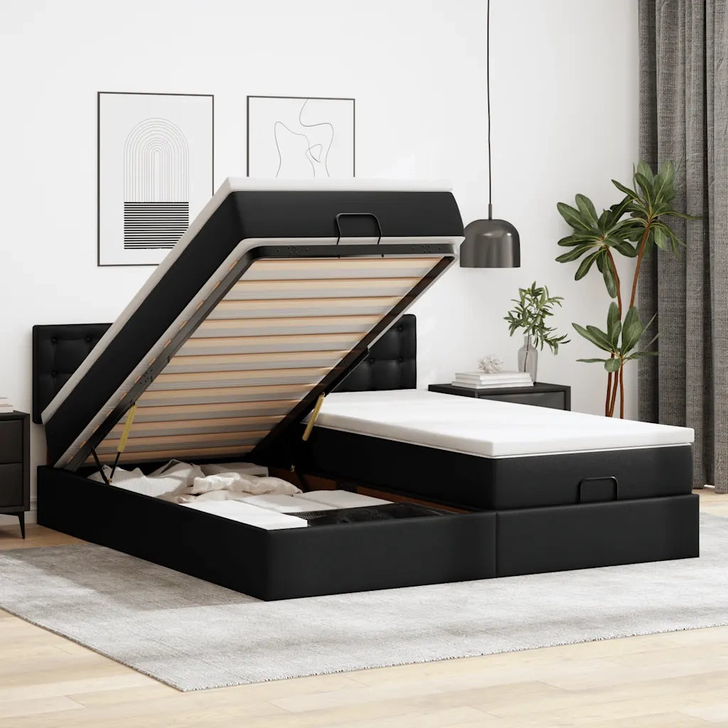 Struttura Letto Pouf con Materassi Nero 200x200 cm Similpelle