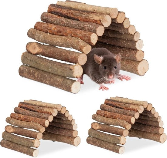 Set di 3 tunnel per hamster e topi - 10x22 cm - Flessibile - Accessorio per gabbia - Tunnel in legno - Naturale