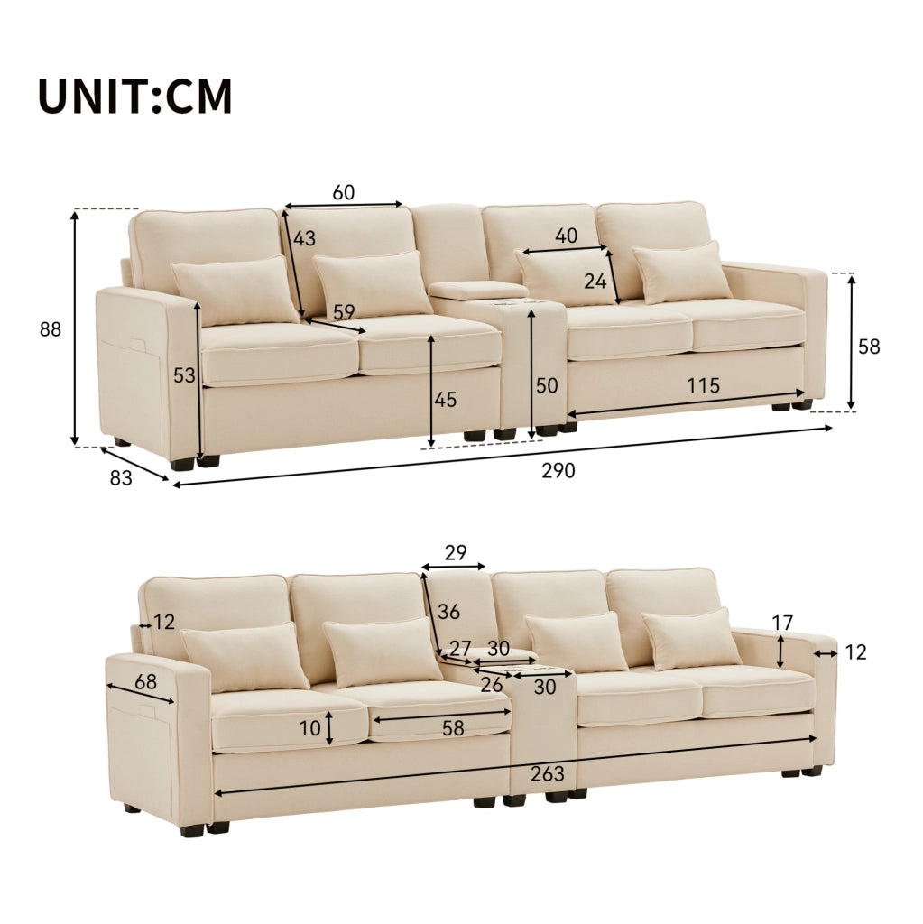 Sofa 4 posti in tessuto effetto lino beige con console; portabicchieri; USB e cuscini