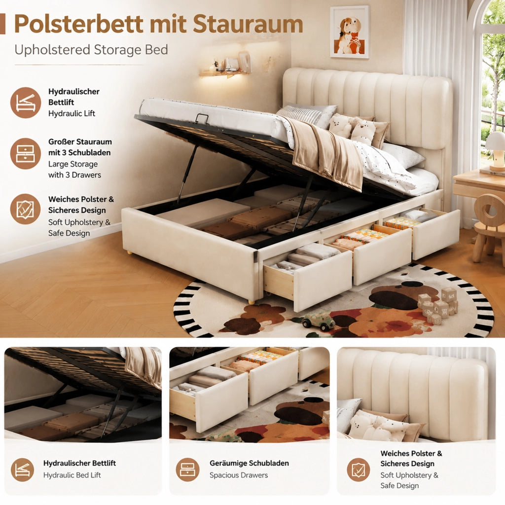 Letto contenitore imbottito 140x200 cm con 3 cassetti e LED; velluto beige