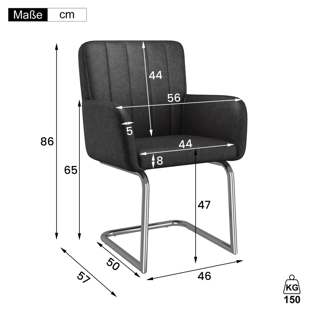 Set di 2 sedie da pranzo con schienale ergonomico e braccioli; gambe in metallo; in similpelle nera