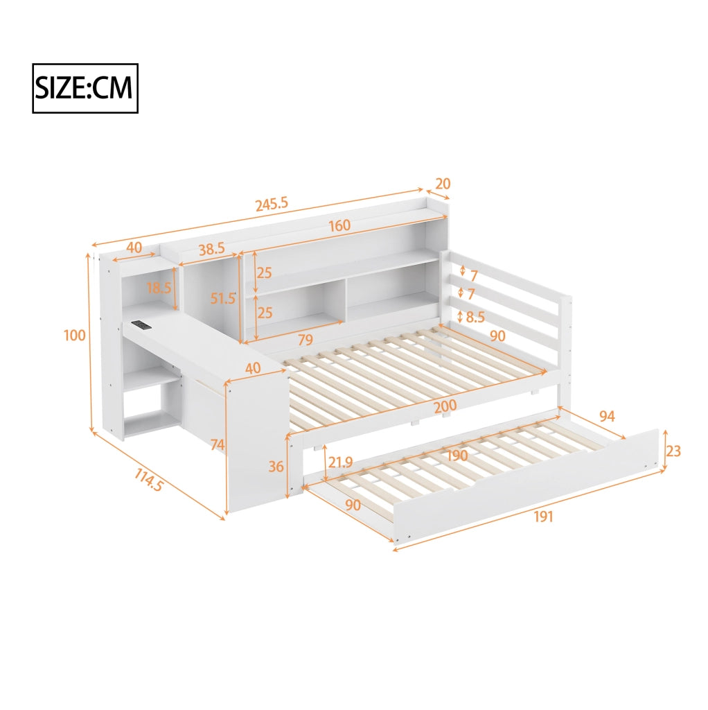Letto multifunzionale 90x200 cm con letto estraibile; scrivania e scaffali; bianco