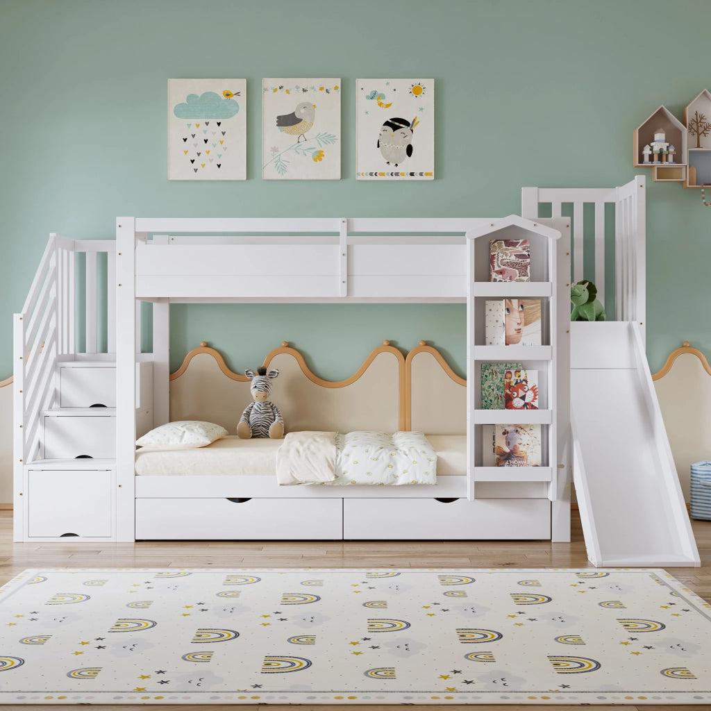 Letto a Castello 90x200 cm con Scivolo; Libreria; 2 Cassetti e Scala con Contenitori; Legno Bianco