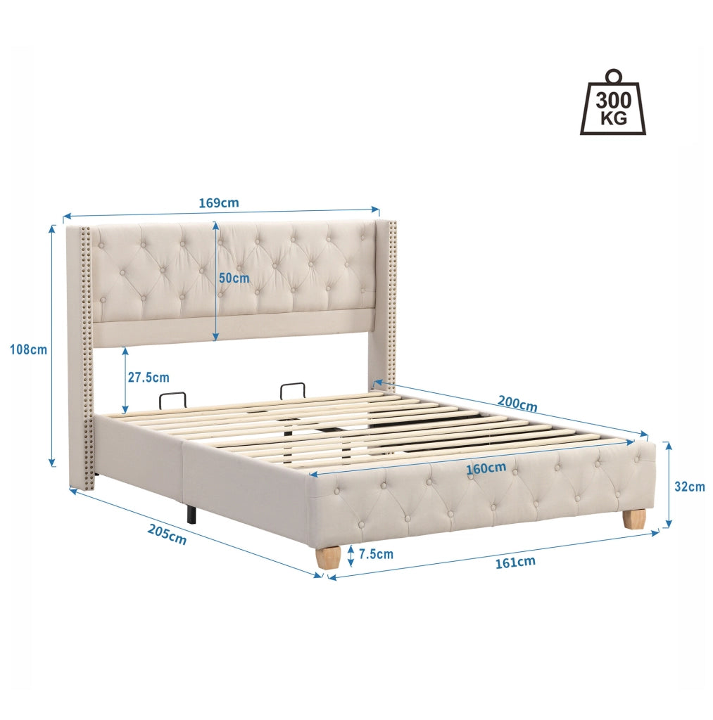Letto imbottito 160x200 cm con rete a doghe e testiera in lino beige