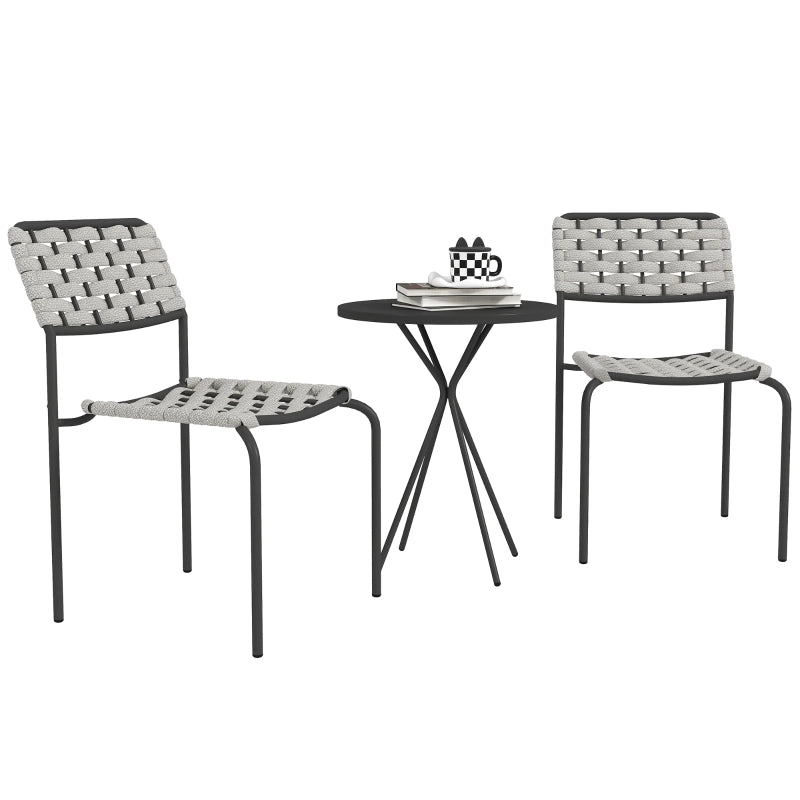 Set da bistrot da esterno 3 pezzi con due sedie impilabili e tavolo rotondo in rattan a corda e acciaio grigio