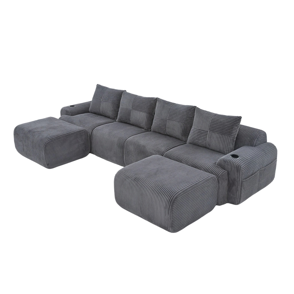 Divano modulare 4 posti con portabicchieri e tasca laterale in corduroy grigio scuro