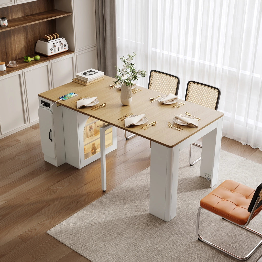 Tavolo allungabile con tre piani; ruote nascoste; prese USB e Type-C; MDF; naturale e bianco