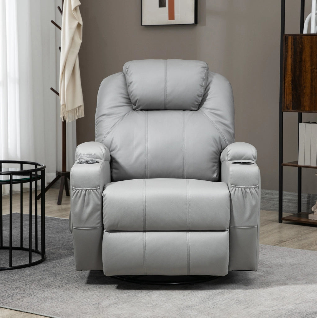 Poltrona Relax con Massaggio a 8 Punti Vibranti, 5 Modalità, Funzione Letto, Rivestimento in Pelle Sintetica Grigio Chiaro, Portata 150 kg