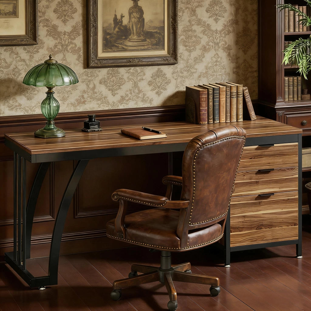 Scrivania dritta con tre cassetti e vano portadocumenti in legno noce e metallo nero 150 × 50 × 75 cm