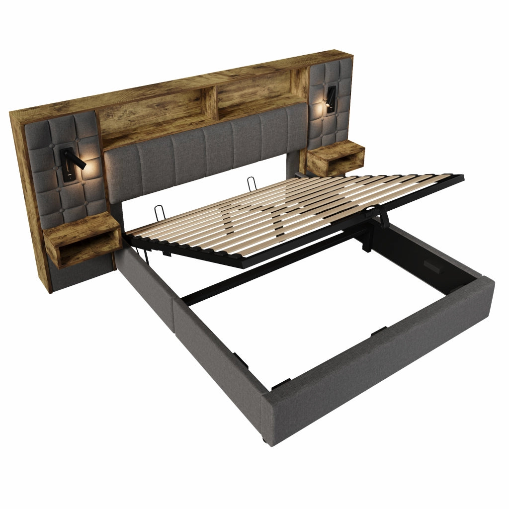 Letto matrimoniale 160x200 cm con contenitore, lampade da lettura, USB e Type-C, grigio