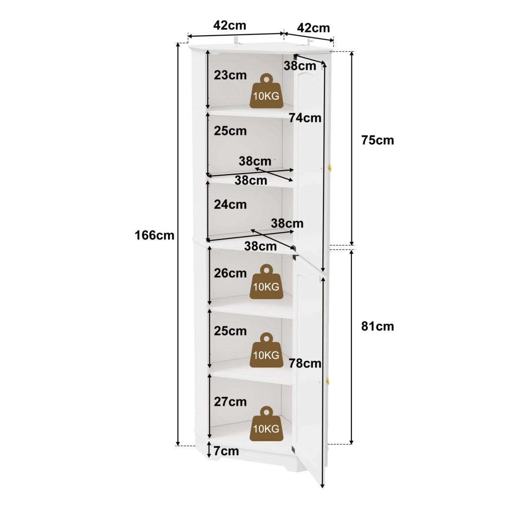 Armadio angolare 42x42x166 cm con 2 ante e ripiani regolabili in MDF bianco