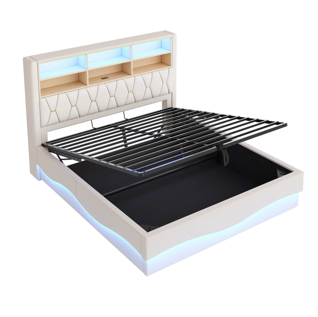 Letto contenitore 180x200 cm in lino e metallo beige con LED e USB, senza materasso