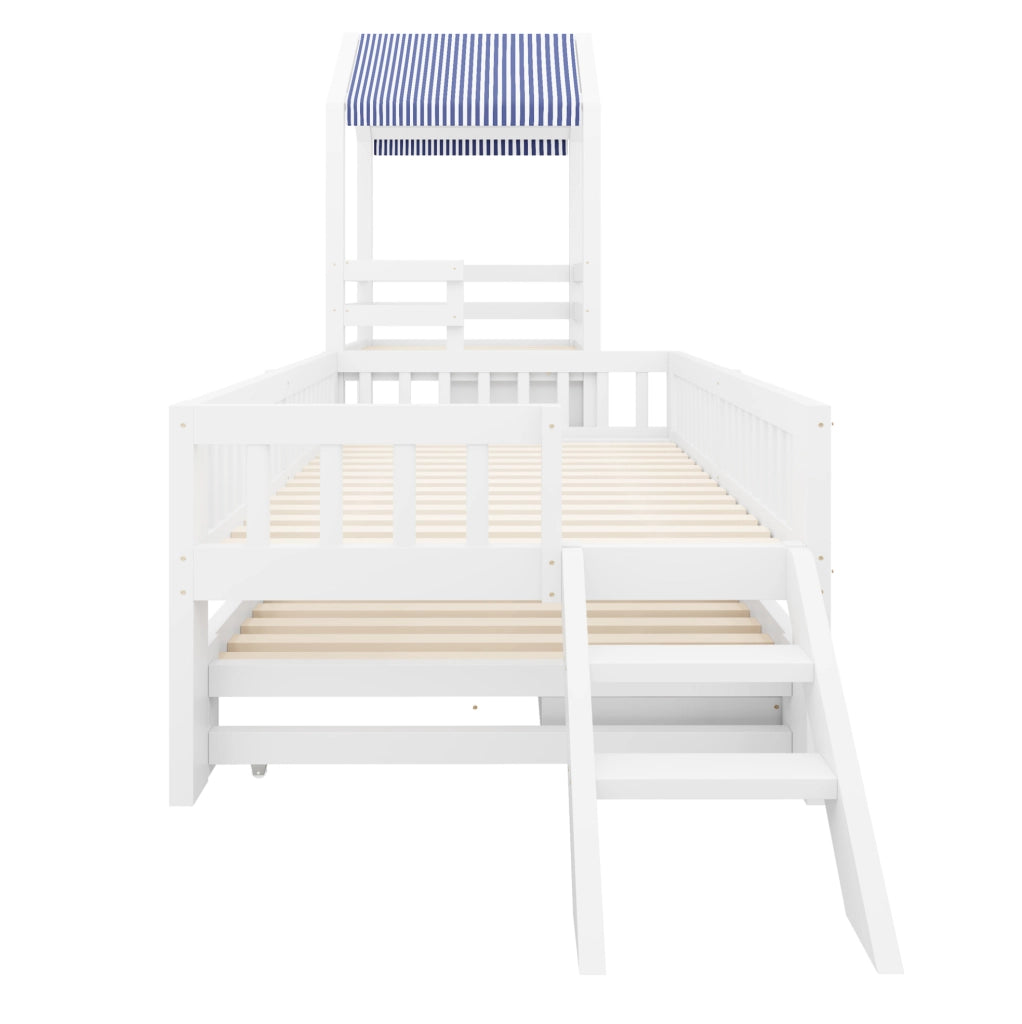 Letto per bambini a soppalco 90x200 cm con lettino estraibile 90x190 cm, struttura in legno massello bianco con scaletta laterale e cassettiera a 4 cassetti