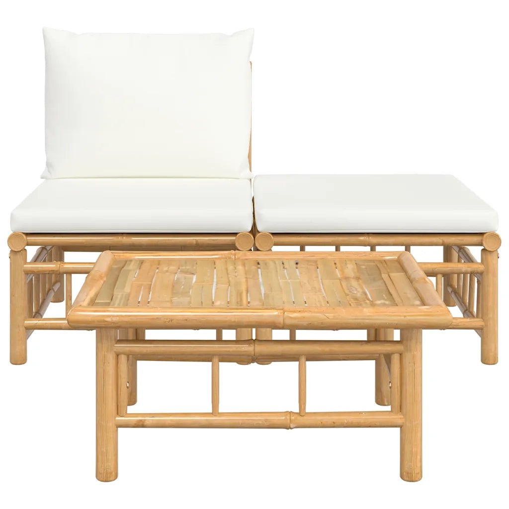 Set Salotto da Giardino 3pz | Set di Mobili da Esterno con Cuscini Bianco Crema in Bamb¨´
