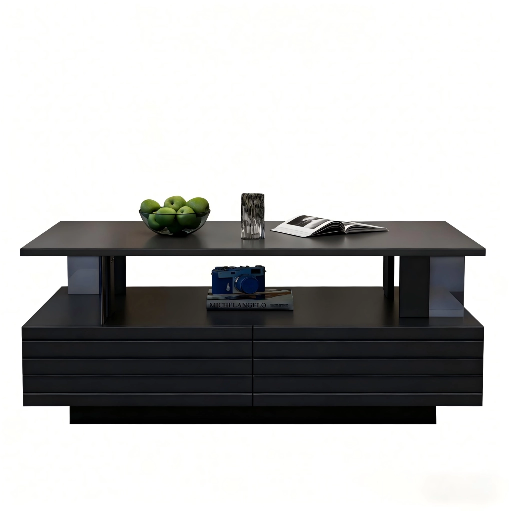 Tavolino LED nero in acrilico con doppio ripiano e controllo Bluetooth, 100x50x42 cm