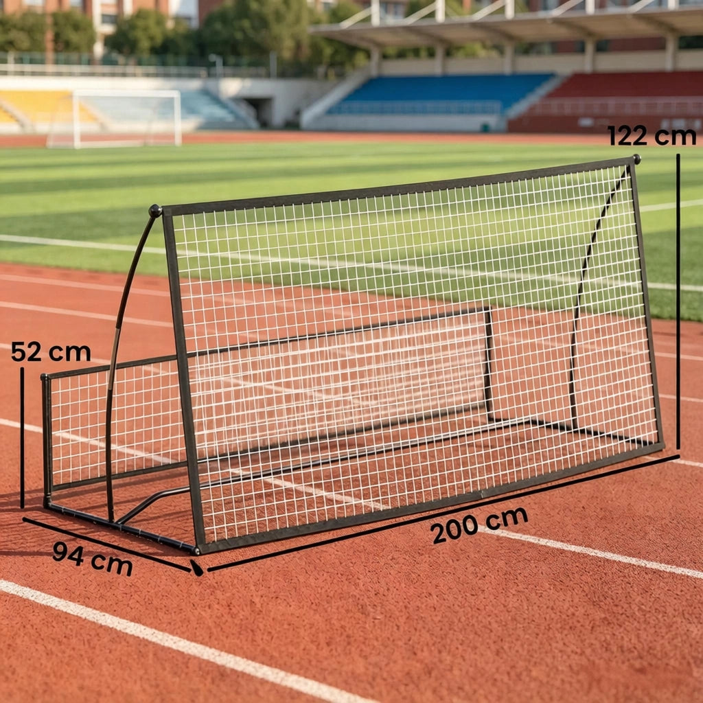 Rete da calcio portatile 2 in 1, a doppia faccia, con borsa per il trasporto e picchetti per il fissaggio a terra, dimensioni 200x94x122/52 cm, nera.