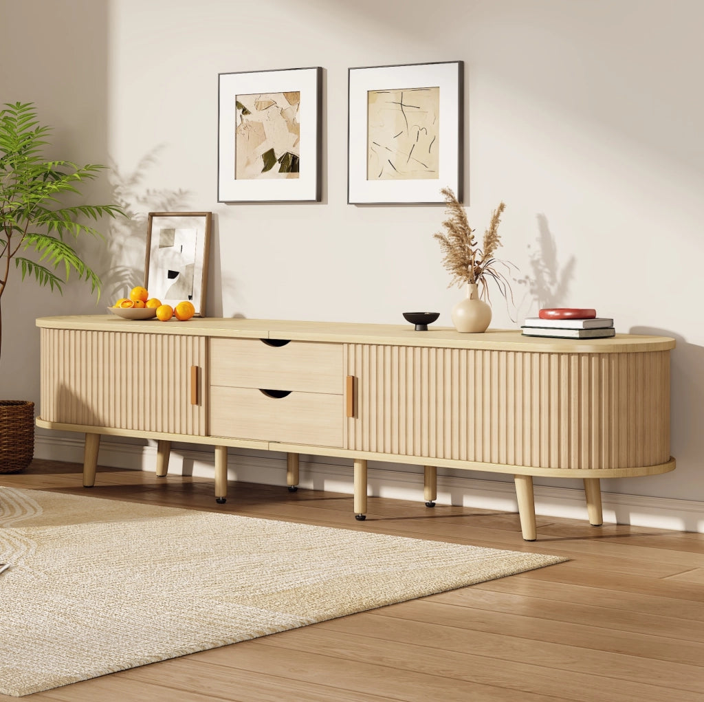 Mobile TV ovale in MDF rovere con 2 cassetti e ante scorrevoli 170 x 40 x 42 cm
