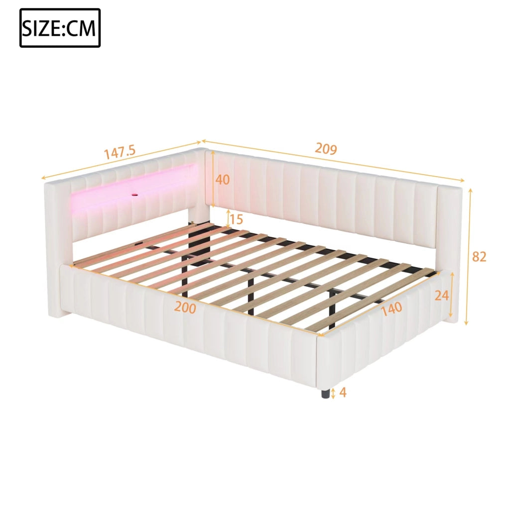 Divano Letto Imbottito in Velluto 140x200 cm con LED e Porta USB, Design a L, Beige