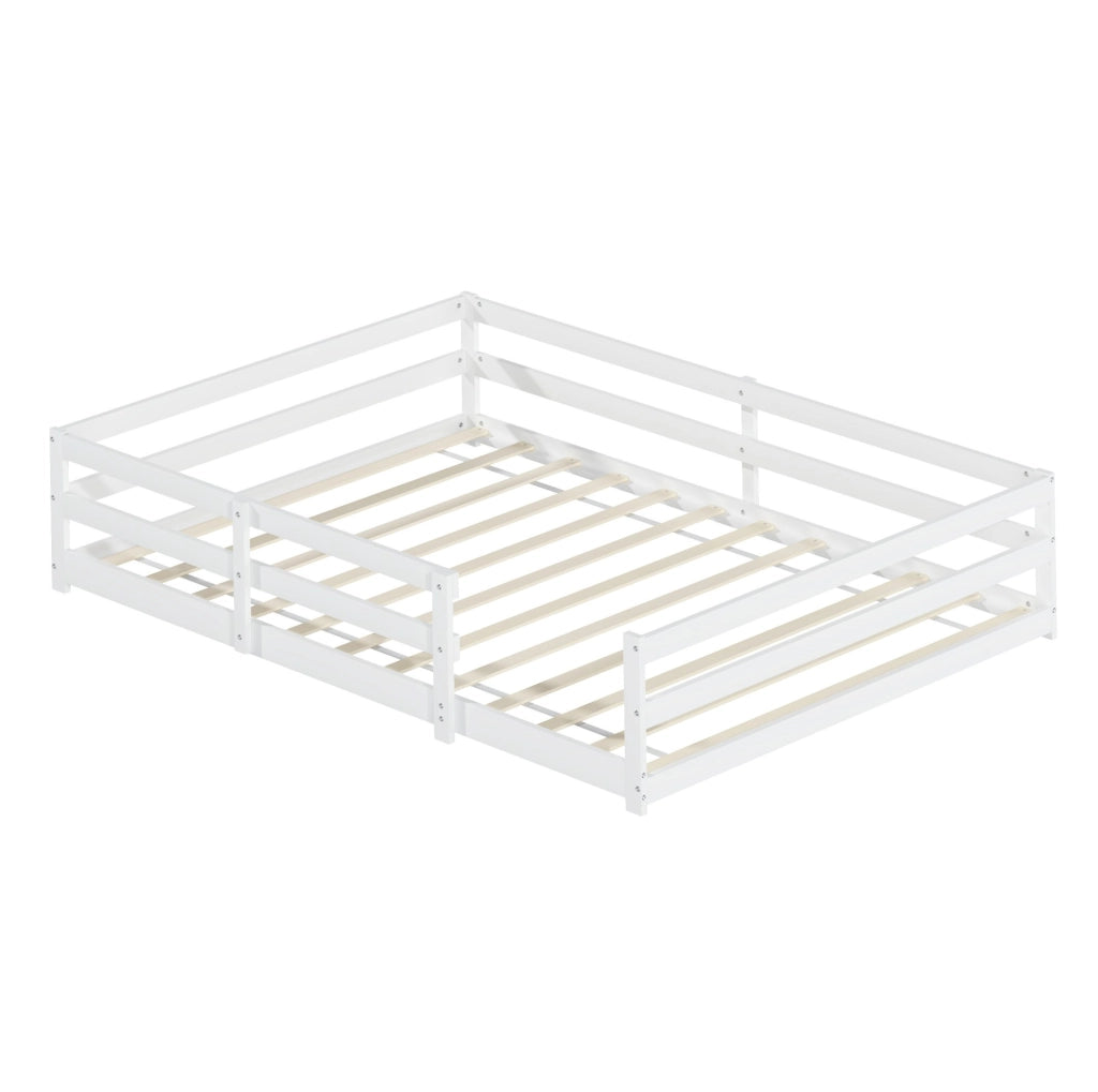 Letto Montessori a pavimento bianco in legno massello di pino 140x200 cm con sponde su 4 lati e rete a doghe integrata