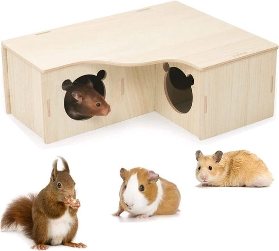 Housing in legno per roditori con 3 camere - Ideale per cavi, gerbilli e dwerghamster - Adatto come ricovero in gabbia o recintazione - Grande casa in legno con più camere