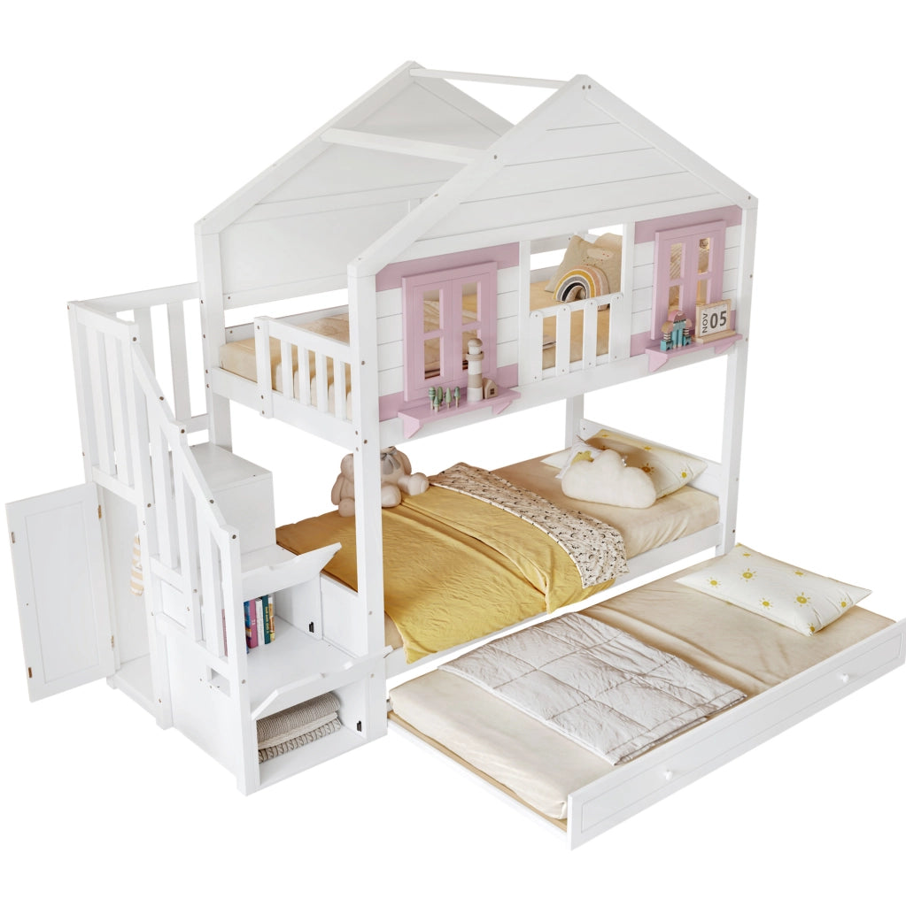Letto a castello 90x200 cm bianco e rosa in legno e MDF, estraibile,