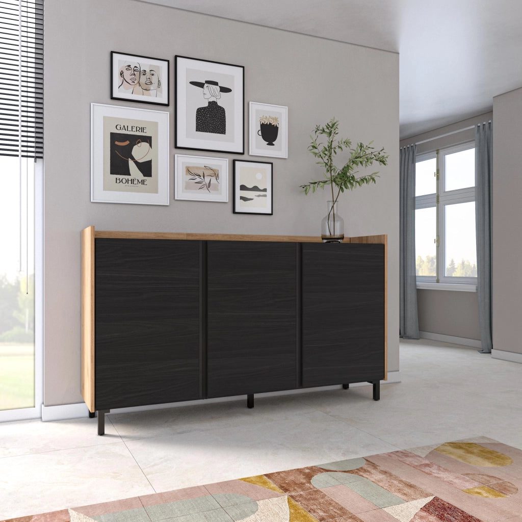 Credenza, Mobile, Cucina, 156x91x35 cm, 3 Porte, Design industriale, Nero e rovere