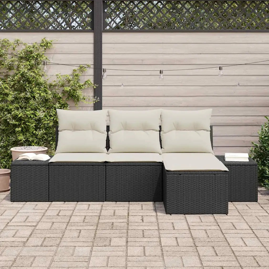 Set Divano da Giardino con cuscino 4 pz | Set Salotto da Giardino Nero polyrattan