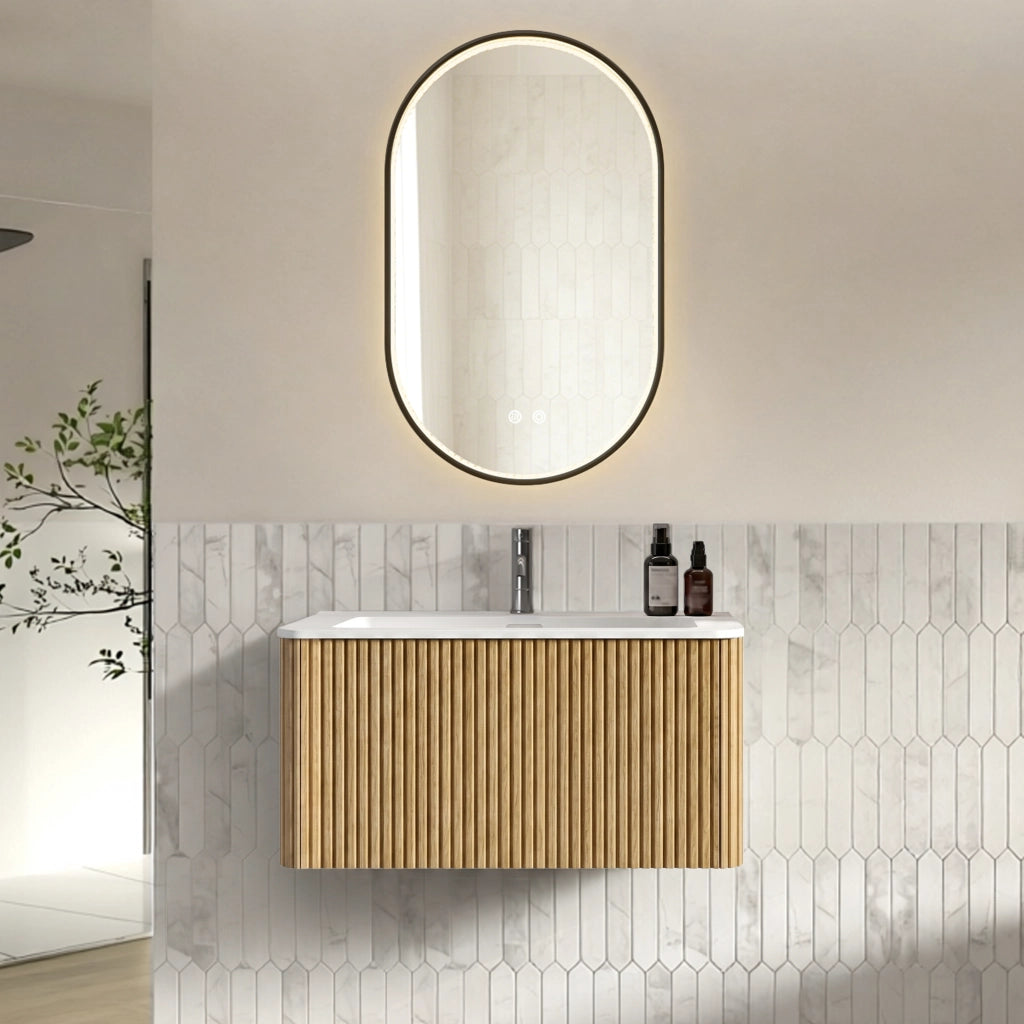 Mobile da bagno con lavabo integrato e specchio LED, per bagno, in MDF, rovere