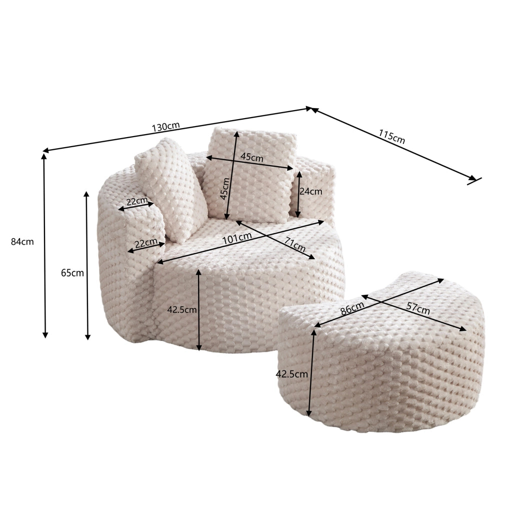 Poltrona singola imbottita con pouf, design a barile 360°, tessuto in pelliccia sintetica, dimensioni 130×115×103 cm, adatta a soggiorno e camera da letto