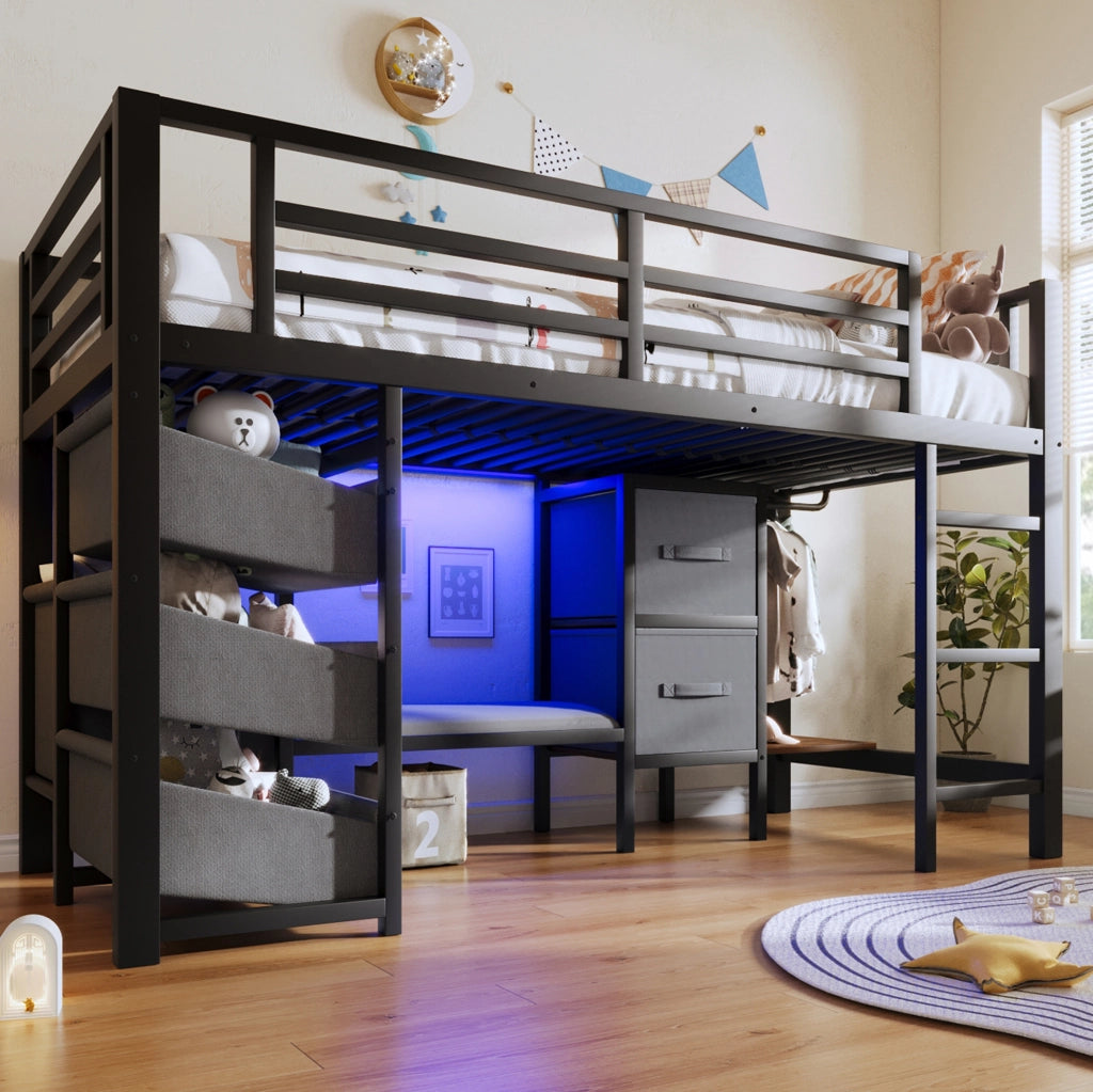 Letto singolo rialzato 90x200 cm in metallo nero con LED; contenitori e cuscino seduta HOMVRA