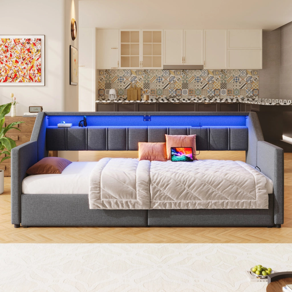 Letto divano 90x200 cm multifunzione con 2 cassetti; tasche portaoggetti; LED; USB e USB-C; grigio