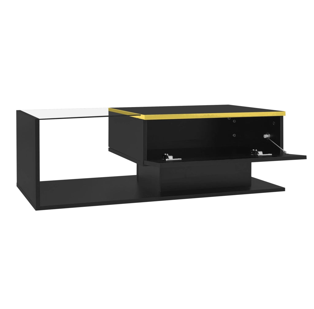Tavolino da caffè 100x50 cm in truciolare nero lucido con piano in vetro e LED
