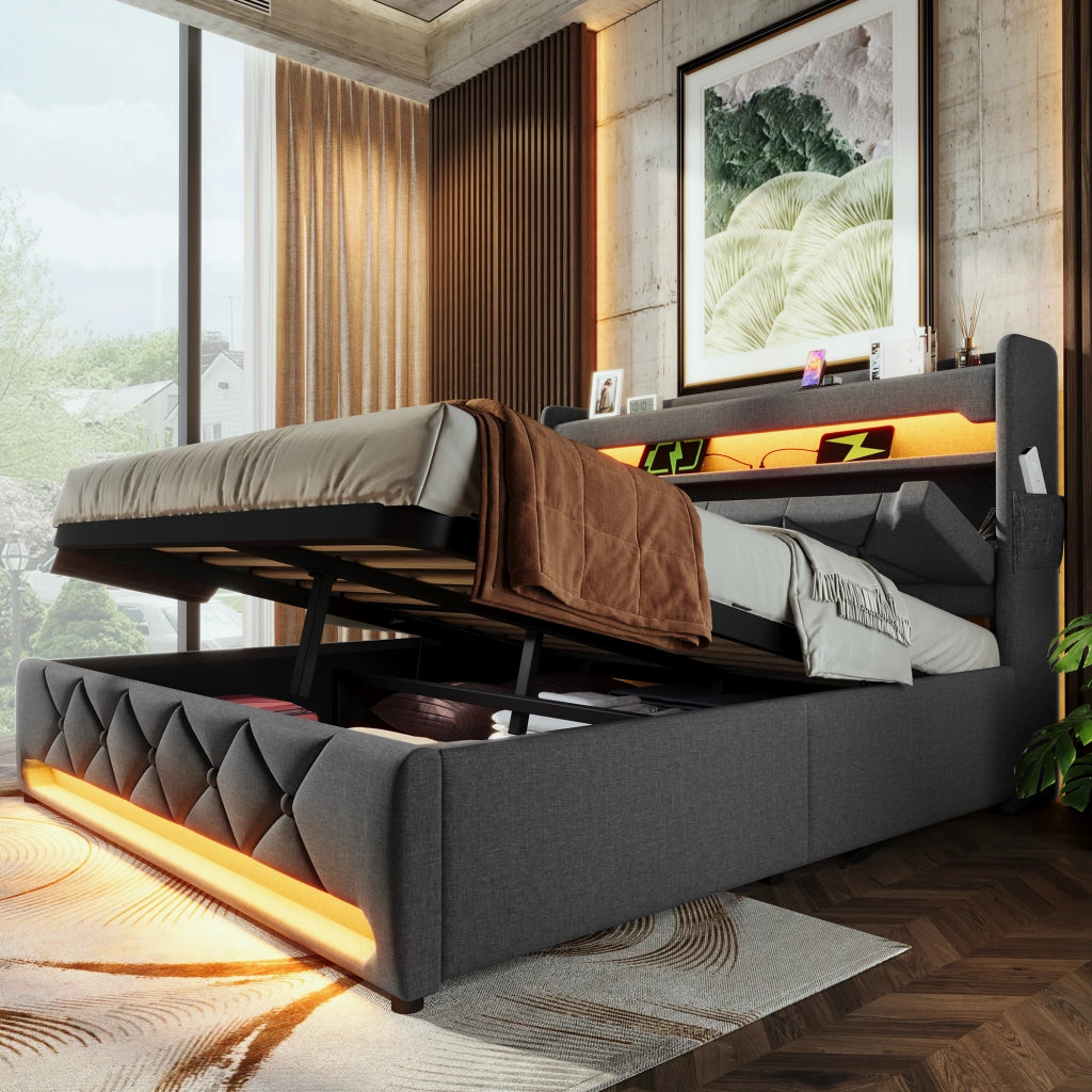 Letto contenitore 180 × 200 cm con materasso; testiera con USB e Type-C; LED 360 gradi; lino grigio
