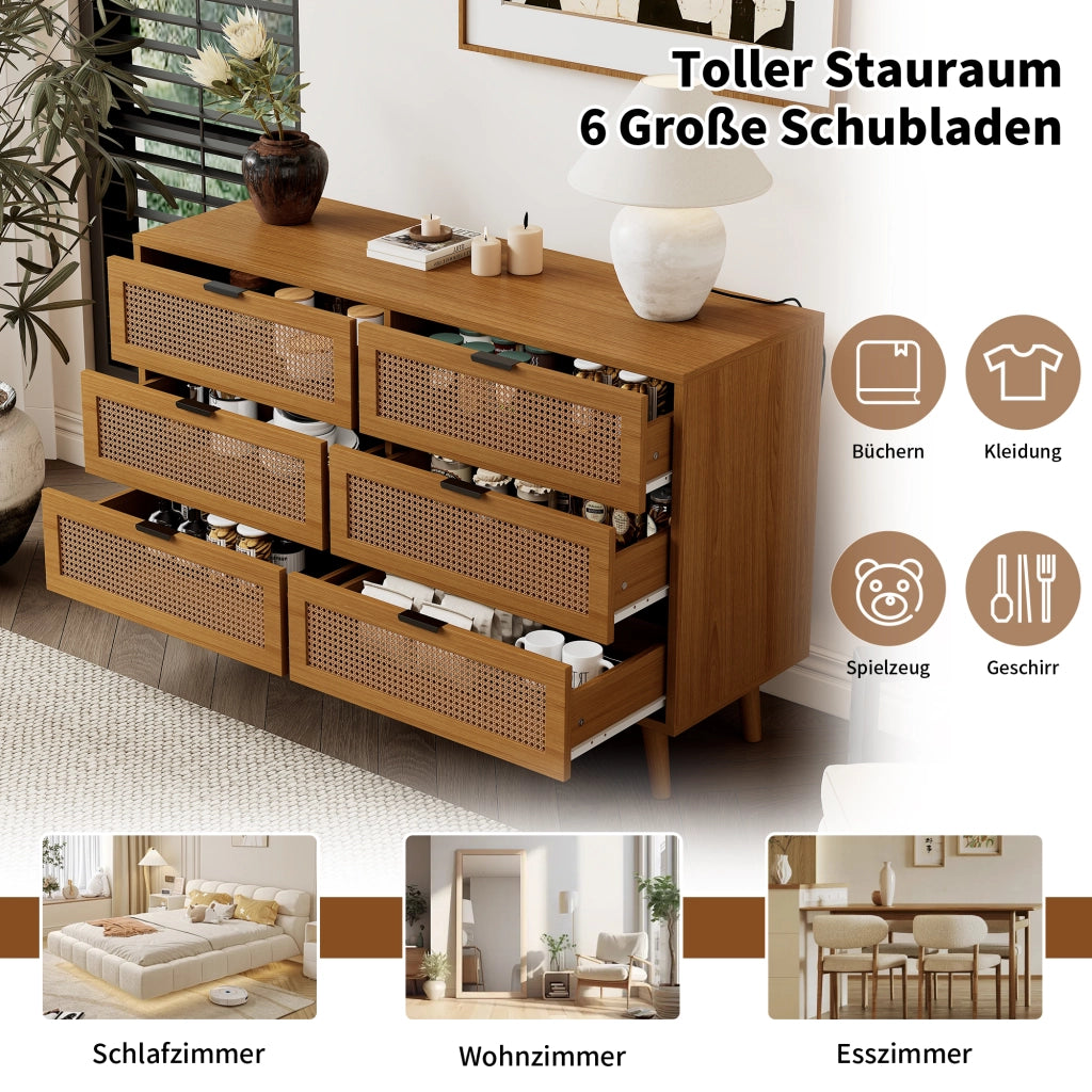 Cassettiera retrò con 6 cassetti e maniglie in metallo per camera e soggiorno, in truciolare noce, 120 × 40 × 76,5 cm