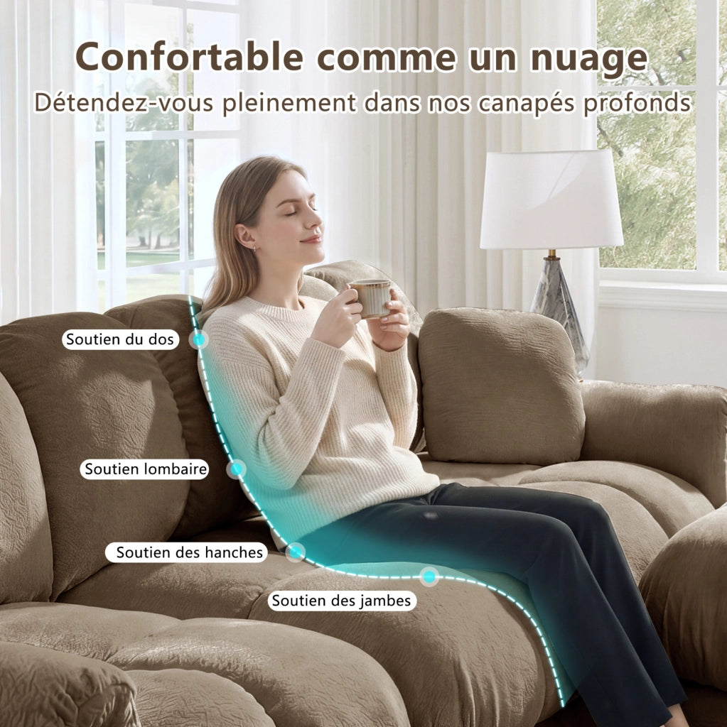 Divano modulare angolare ULEVR 330x149 cm in ciniglia marrone con pouf mobile e cuscino supplementare
