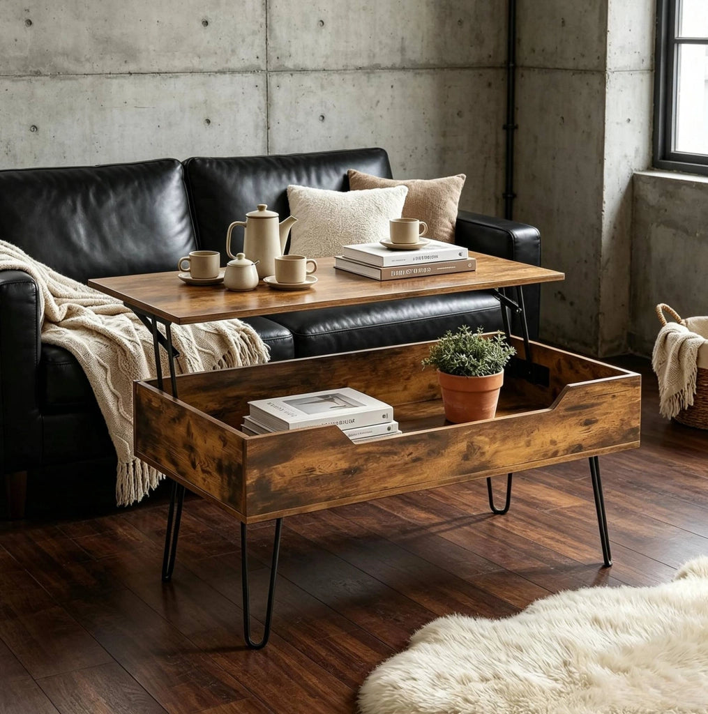 Tavolino da salotto con piano sollevabile e vano contenitore 95x50 cm noce rustico HOMVRA