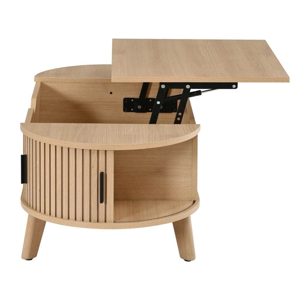 Tavolino da salotto ovale 110x50 cm con piano sollevabile e ante scorrevoli naturale HOMVRA