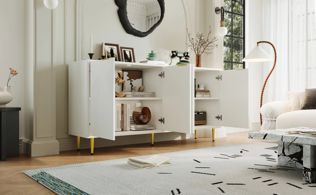 Sideboard soggiorno bianco, 160x80x40 cm, 4 ante, maniglie dorate spazzolate, gambe high-gloss